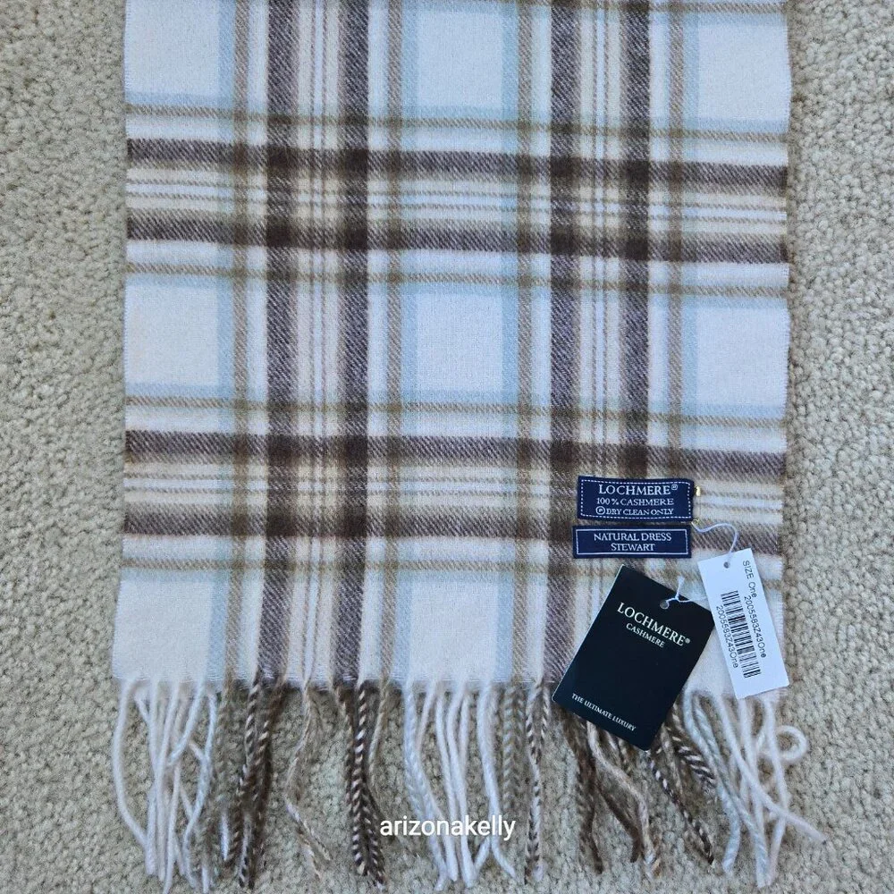 NWT Lochmere Cashmere Scarf Natural Dress Stewart Plaid Brown & Creme